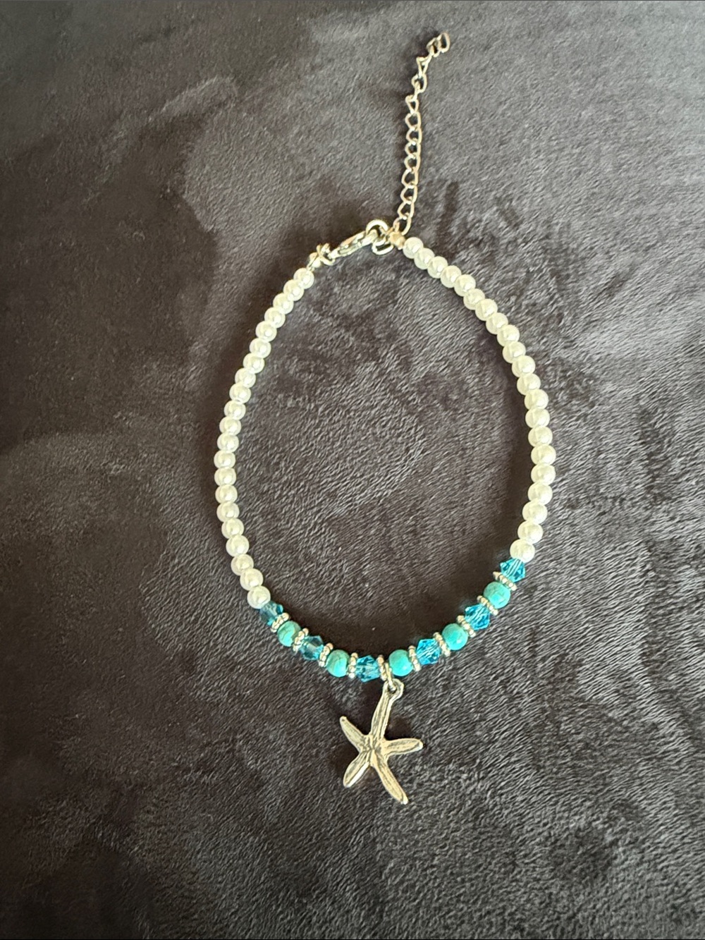 Beachy Starfish Charm Faux Pearl & Turquoise Beaded Ankle Bracelet